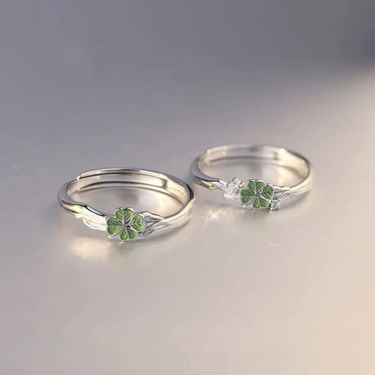 Women's & Men's Four-leaf Clover Couple Design Simple Leaves Open Adjustable Rings