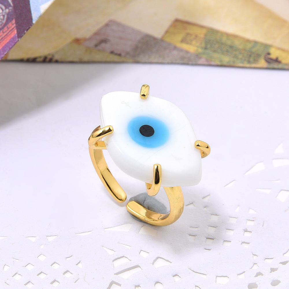 Women's Handmade Gold Copper Inlaid Glass Eyes Open-end For Bohemian Adjustable Ring