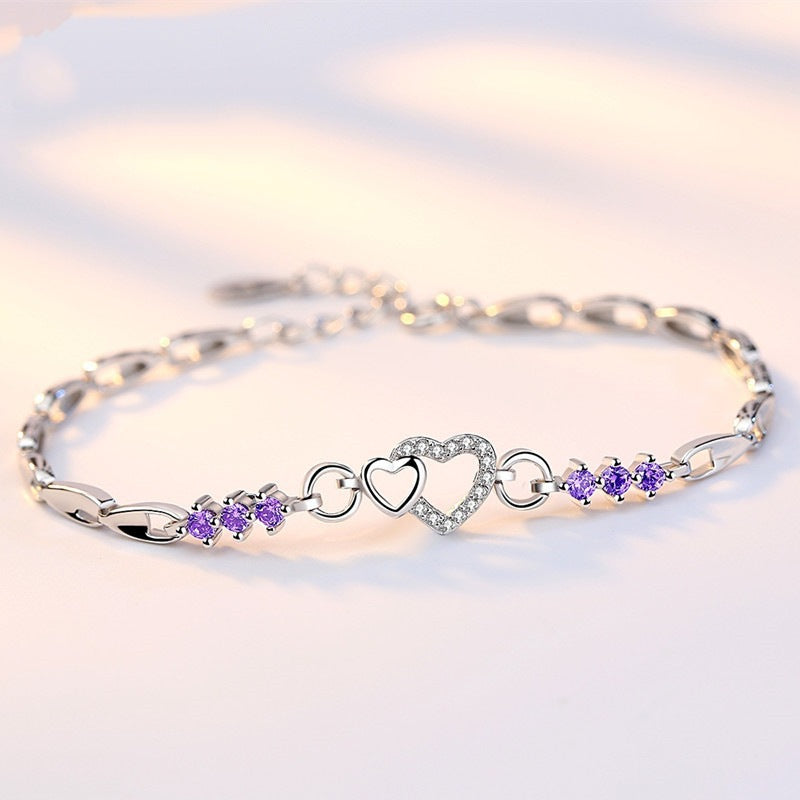 Amethyst Sier-plated Creative Heart-shaped Female Zircon Bracelets