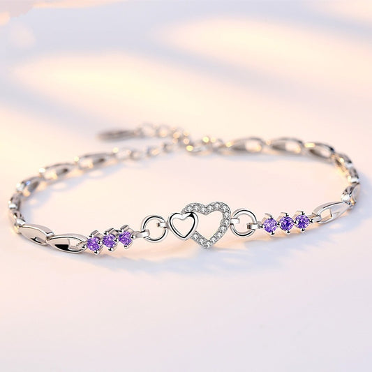 Amethyst Sier-plated Creative Heart-shaped Female Zircon Bracelets