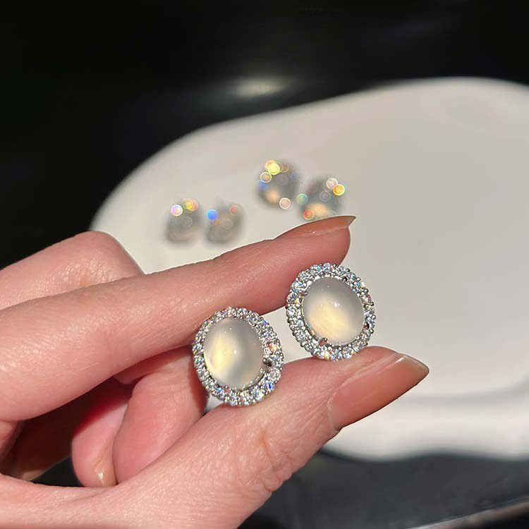 Women's Sier Transparent Big Diamond Chalcedony Chinese Stud Earrings
