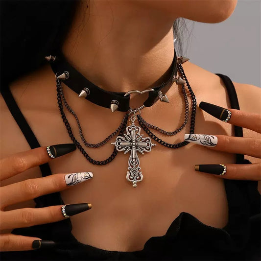 Women's Punk Vintage Alloy Cross Leather Color Matching Necklace