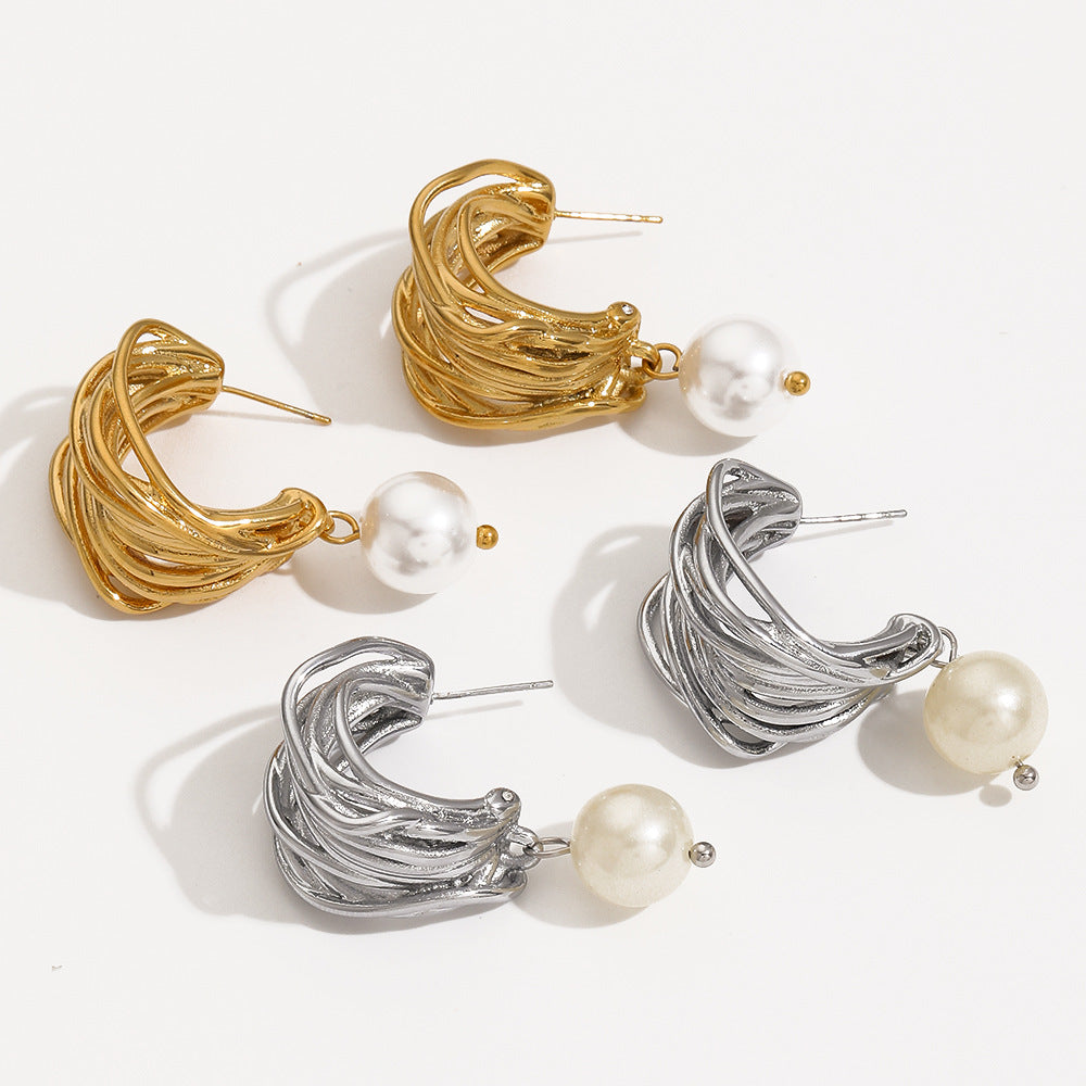 Women's Winding Line Pearl Fashionable Temperament Shaped Irregular Earrings