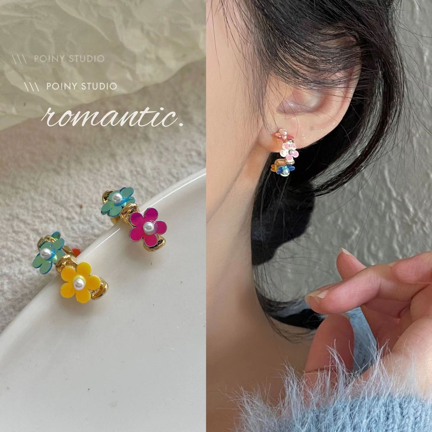 Women's Korean Style Sier Needle Elegant Pearl Love Heart Flowers Earrings