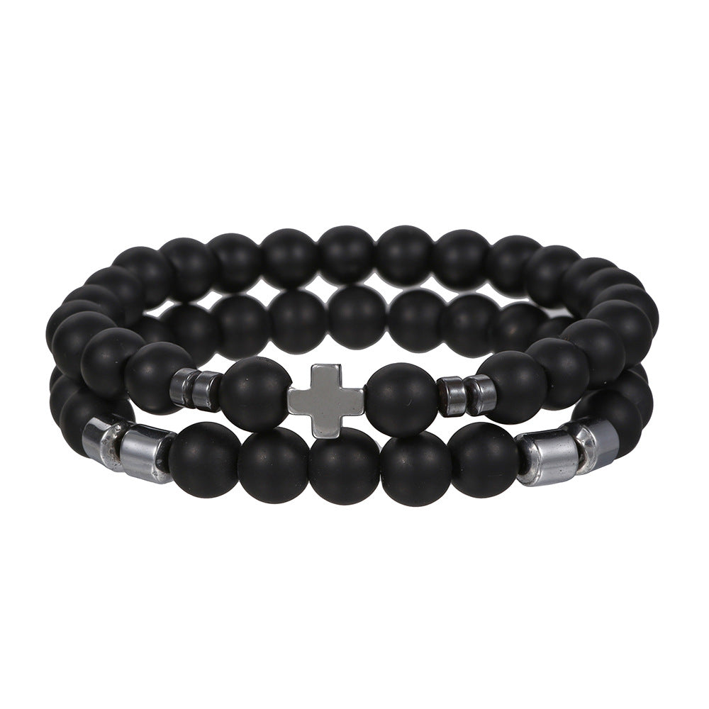 Men's Haematite Cross Beaded White Volcanic Stone Bracelets