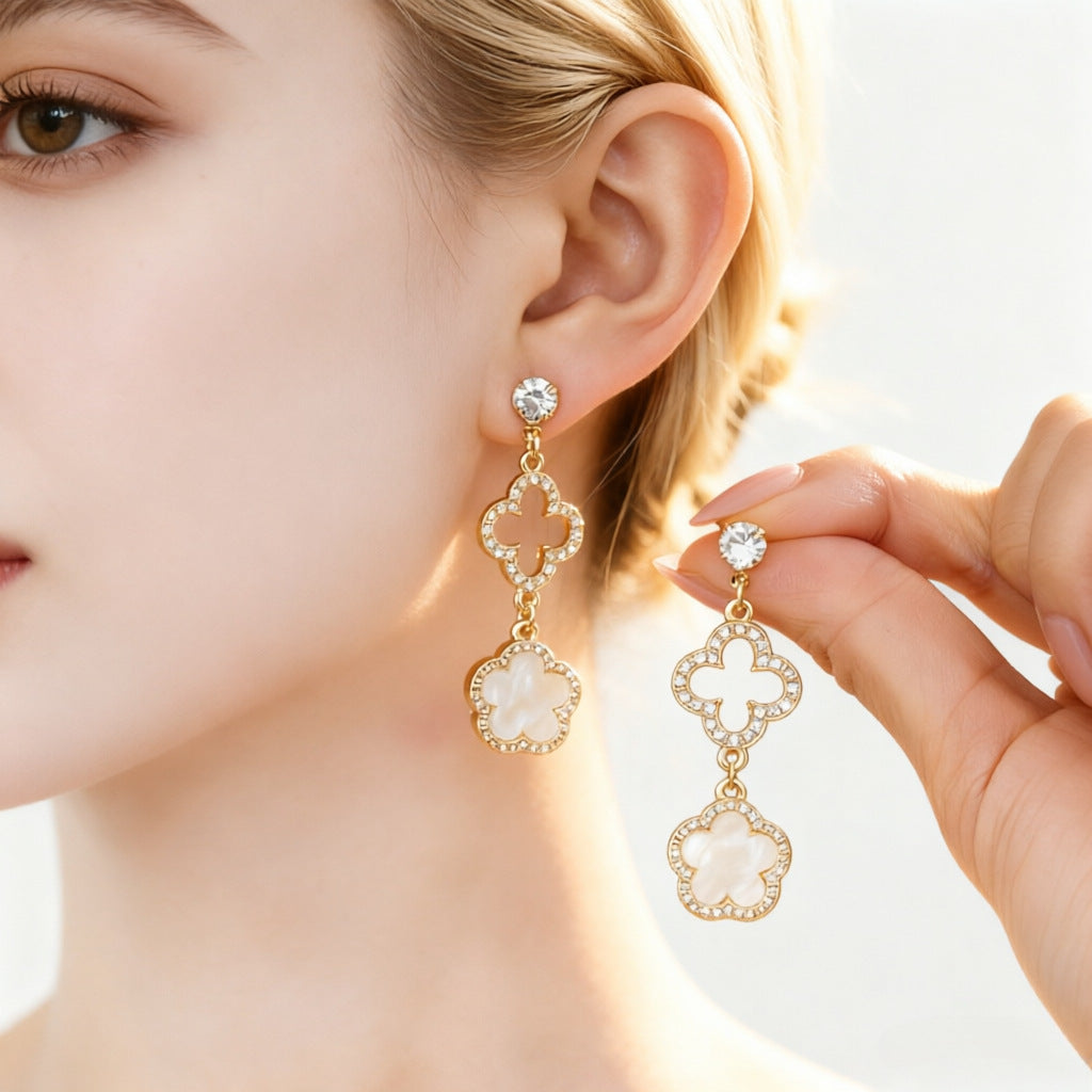 Literary Minimalist Design Classic Lucky Four-leaf Clover Parthenocissus Grass Diamond Earrings
