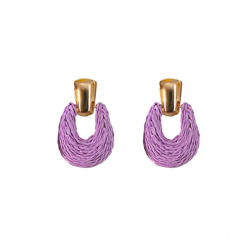 Colorful Raffia Geometric Hollow Circle Solid Color Earrings