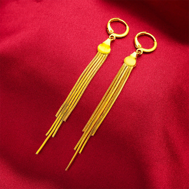 Women's Alluvial Gold Brass Plated Tassel Long Real Fake Earrings