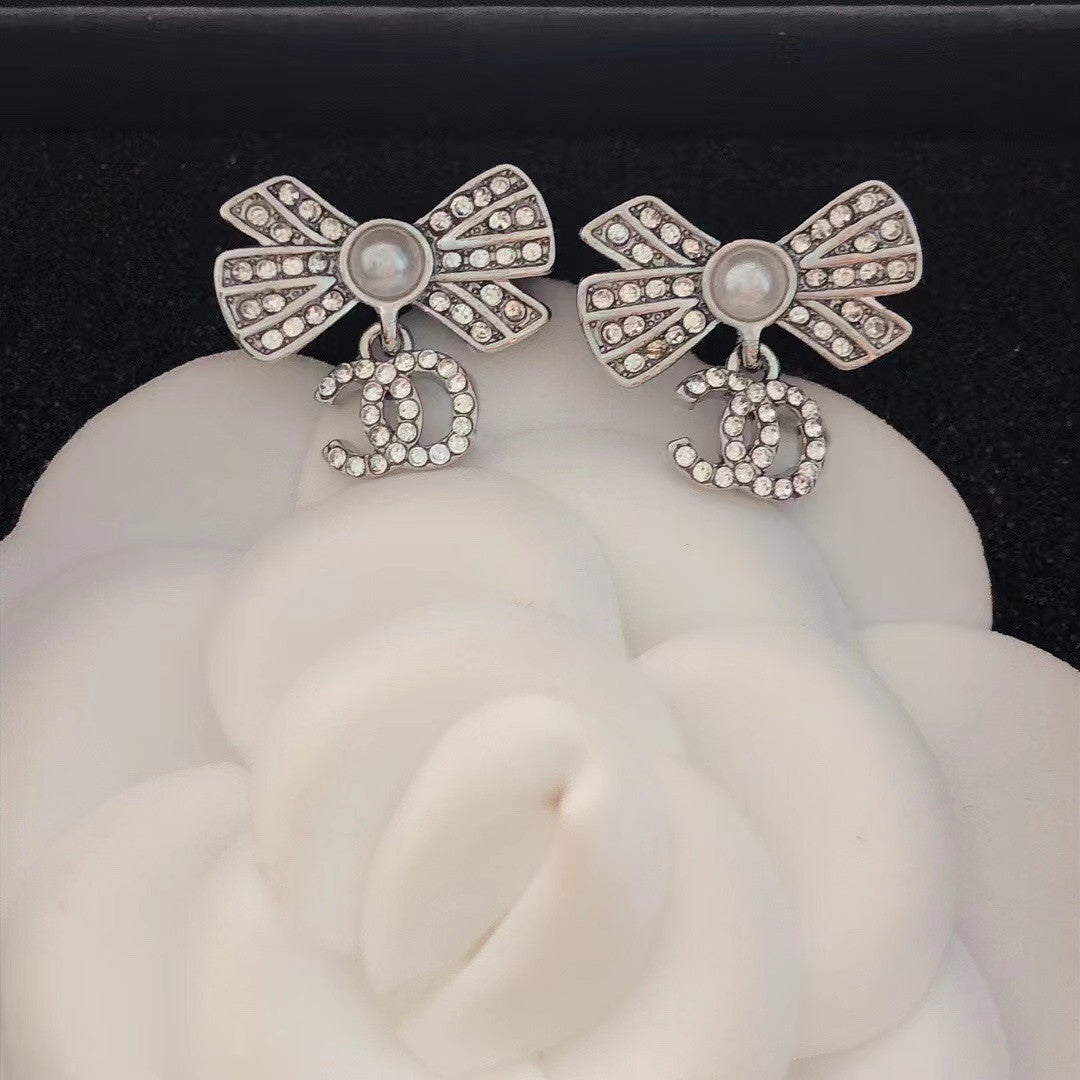 Double Full Diamond Bow Home Classic Style Earrings