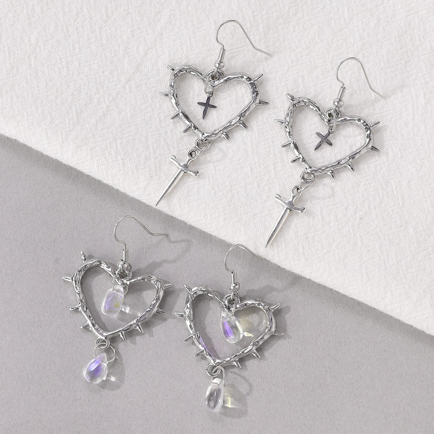 Women's Gothic Handmade Thorn Heart-shaped Cross Water Earrings