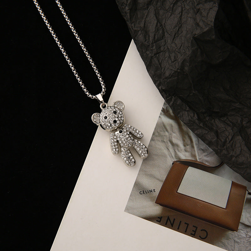 Women's Diamond Bear Soil Cool Female Trendy Stainless Steel Sweater Chain Necklace