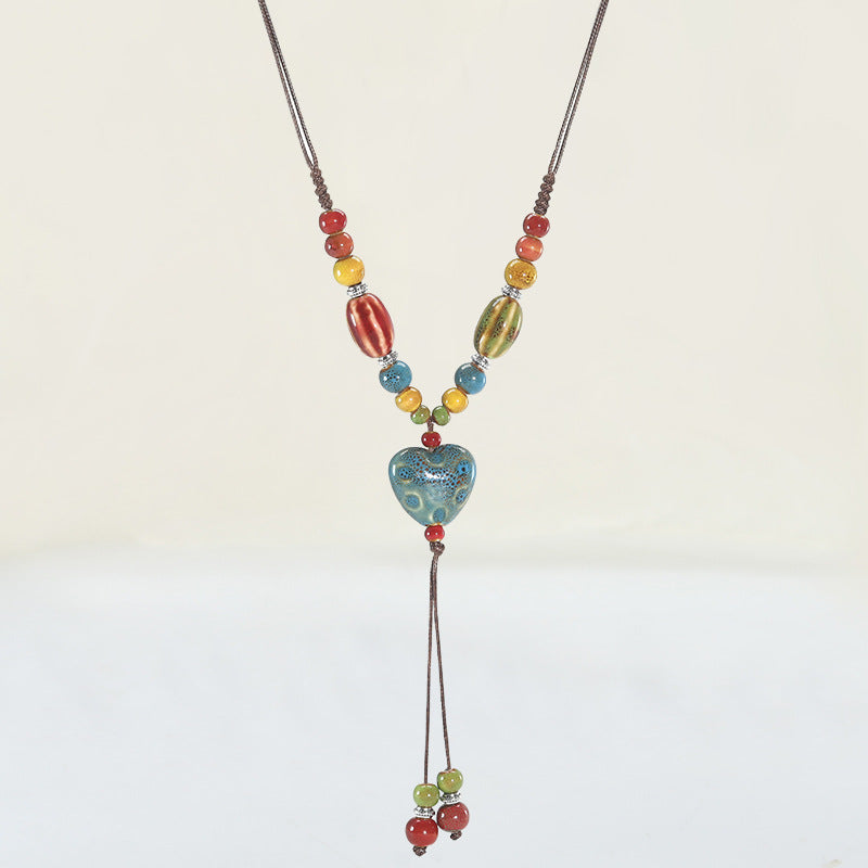 Women's Ethnic Style Love Sweater Chain Long Hand-woven Adjustable Peach Heart Necklace