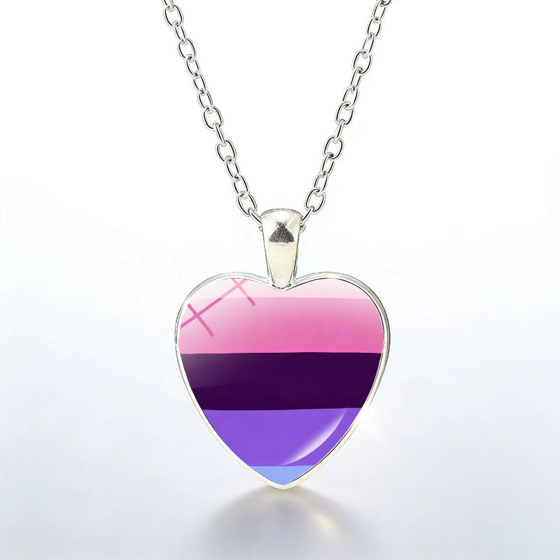 Multicolor Peach Heart Rainbow Pattern Time Gem Cabochon Necklaces