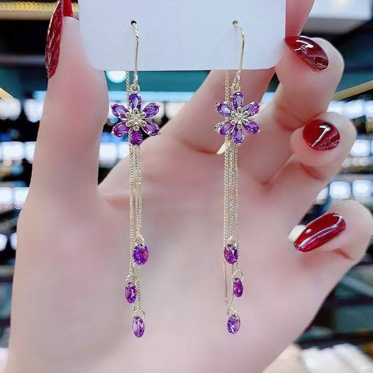 Purple High-grade Flower Trendy Temperamental Long Eardrops Niche Ear Line