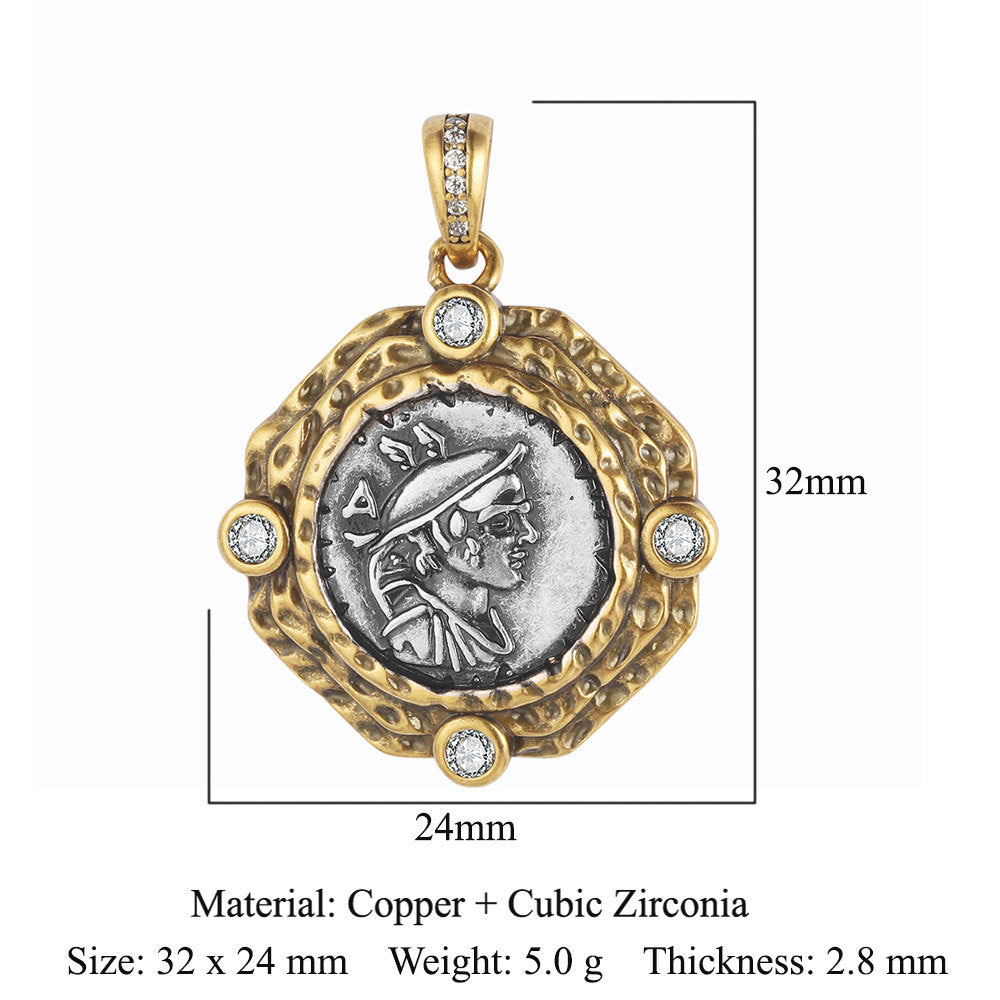 Style Vintage Ancient Sier Coin Copper Zircon Pendants