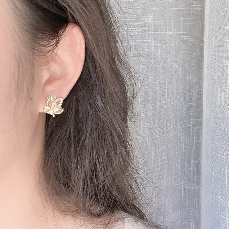 Women's Sier Needle Butterfly Opal Stone Ear Stud Earrings