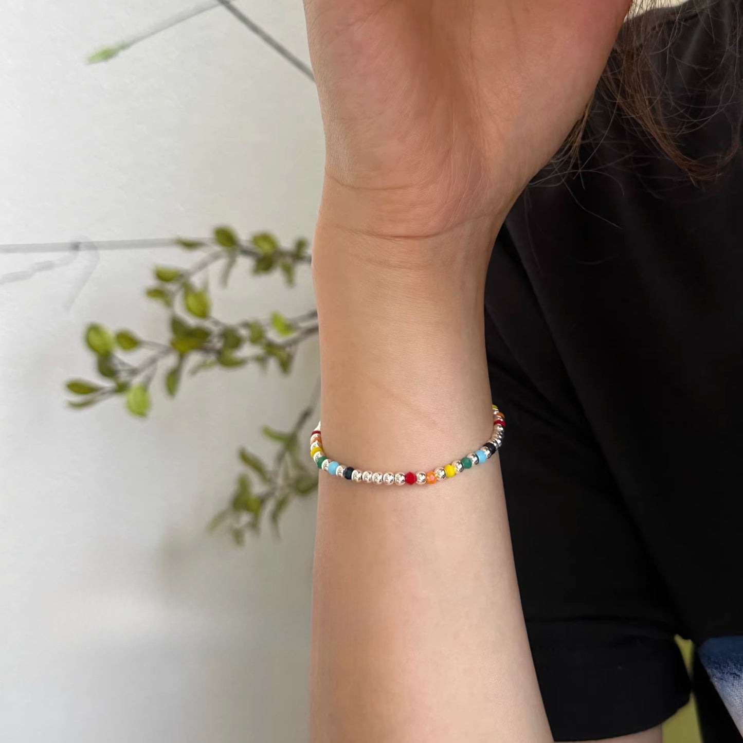 Dopamine Sier Rainbow Beanie Drip Glazed Colorful Beaded Twin Female Bracelet