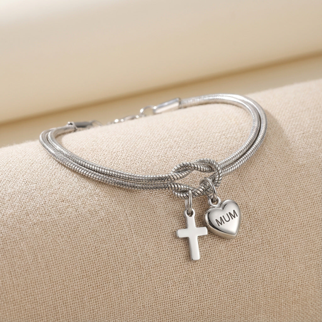 Stainless Steel Lettering Love Cross Truelove Knot Mother's Day Bracelet
