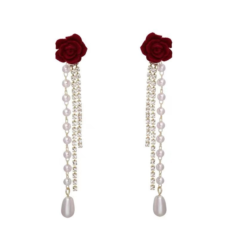 Camellia Tassel Red Veet Long Rose High-grade Rings