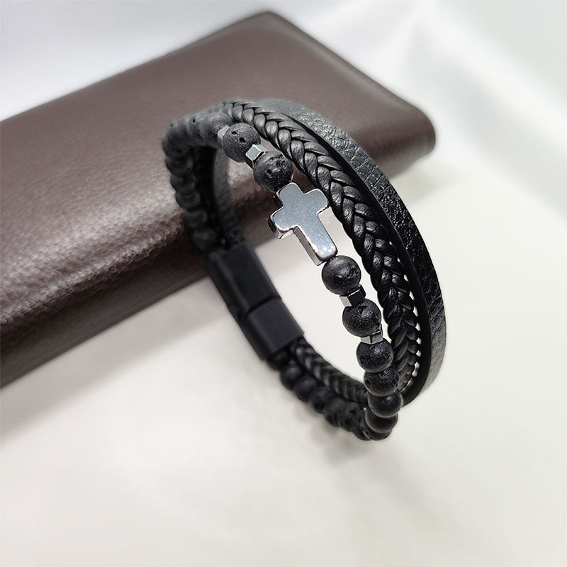 Cross Hematite Personalized Fashion Woven Leather Tigereye Frosted Bracelets