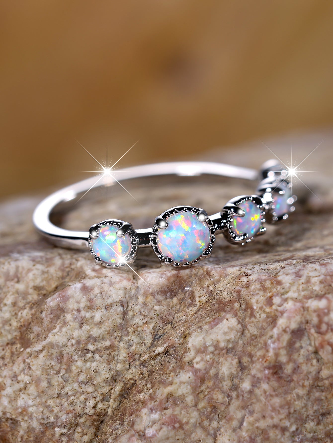 Golden Five Round Opal Female Simple Ring