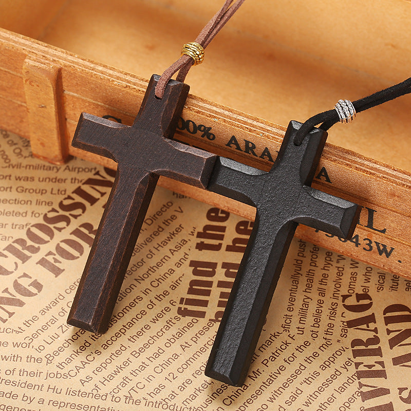 Retro Handmade Alloy Wood Cross Boys Necklace
