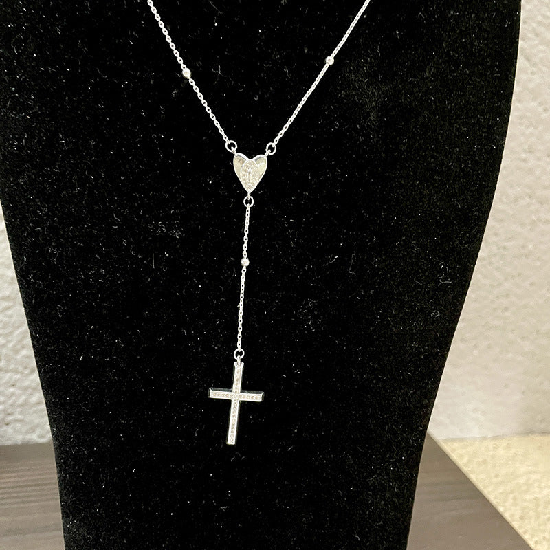 Women's Zircon Delicate Heart Cross Design Long Clavicle Pendants