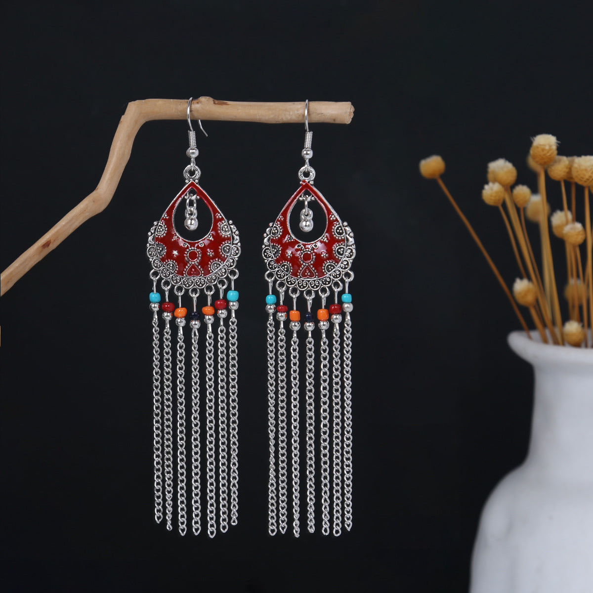Turquoise Bohemian Palm Owl Bronze Carved Geometric Feather Earrings