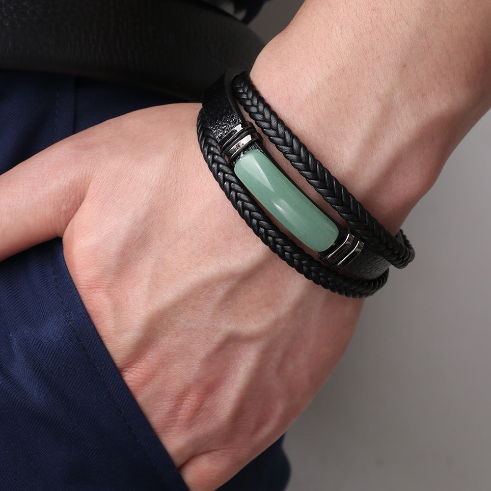 Men's Leather Green Aventurine Stone Hand-woven Stainless Bracelets