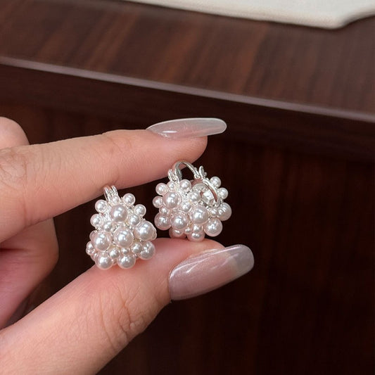 Women's Light Pink Pearl Small Flower Basket Ear Clip Earrings