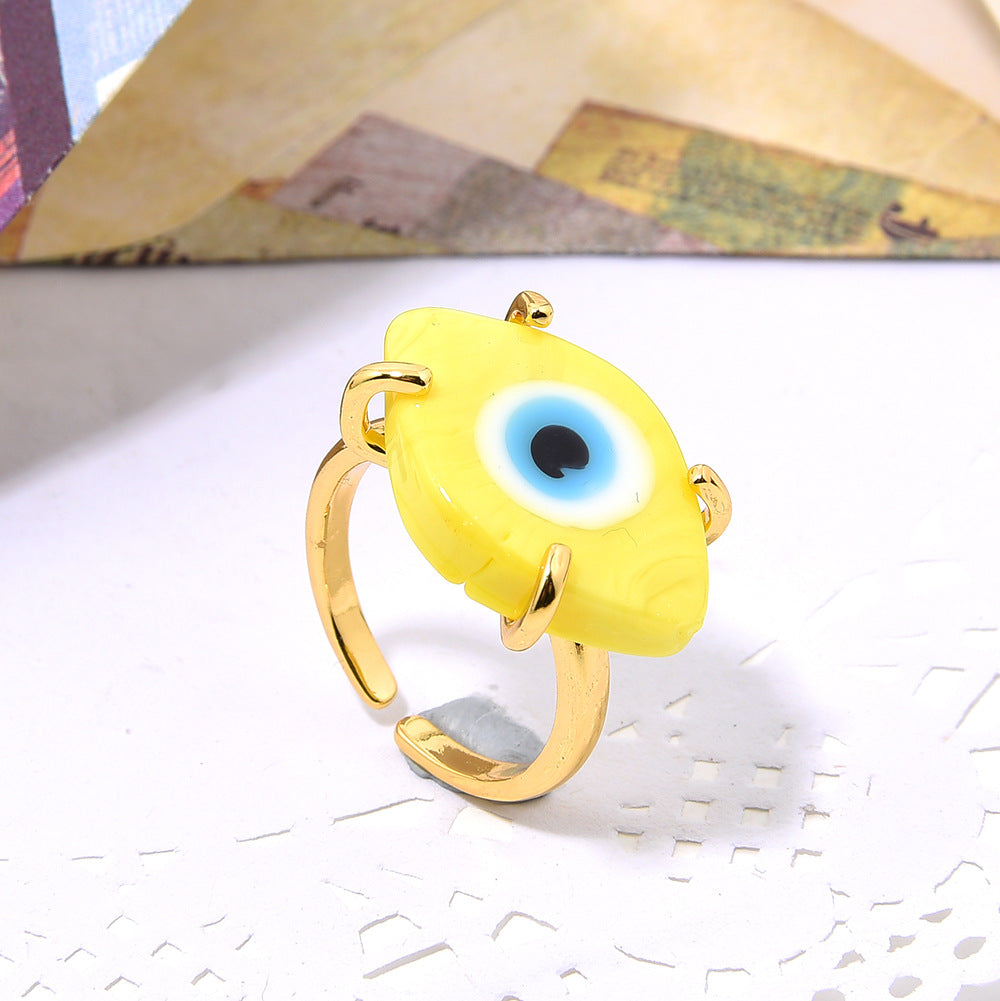 Women's Handmade Gold Copper Inlaid Glass Eyes Open-end For Bohemian Adjustable Ring