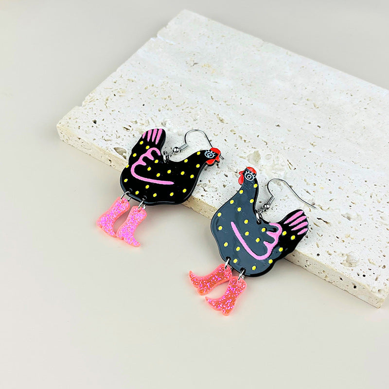 Creative Rooster Stitching Acrylic Printing Chicken Strange Earrings