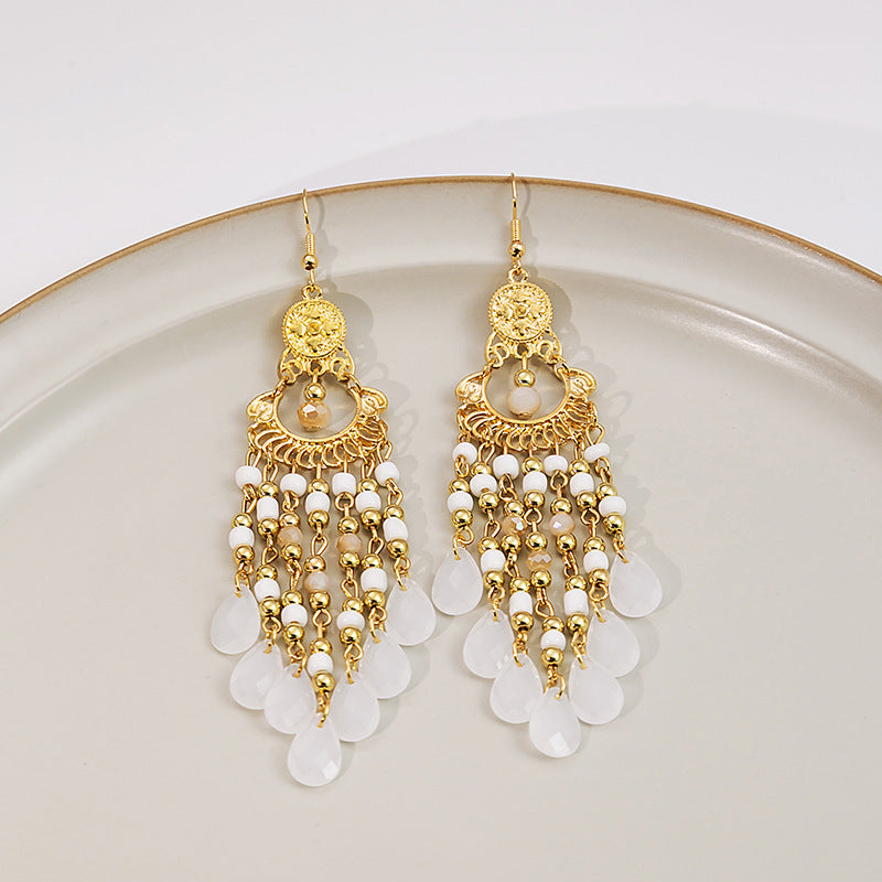 Bead Retro Ethnic Style Colorful Water Drop Tassel Hollow Earrings