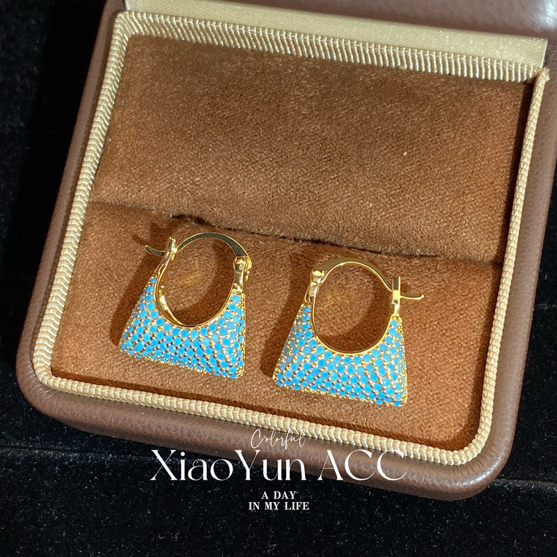 Women's French Retro Turquoise Full Diamond Bag Ear Clip Light Luxury Earrings