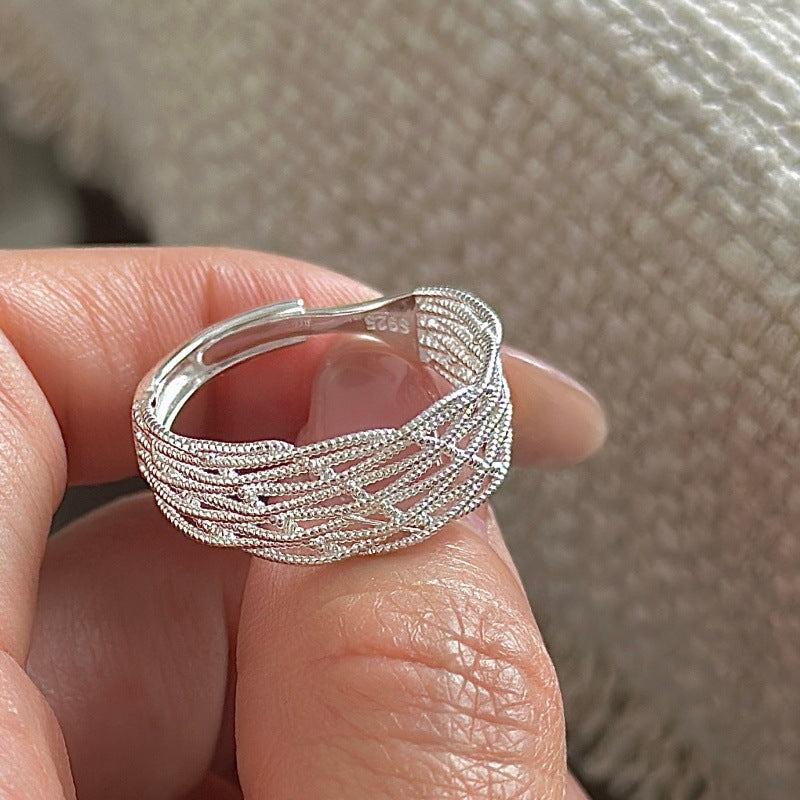Sterling Sier Korean Niche Design Vintage Grid Style Fashionable Ring