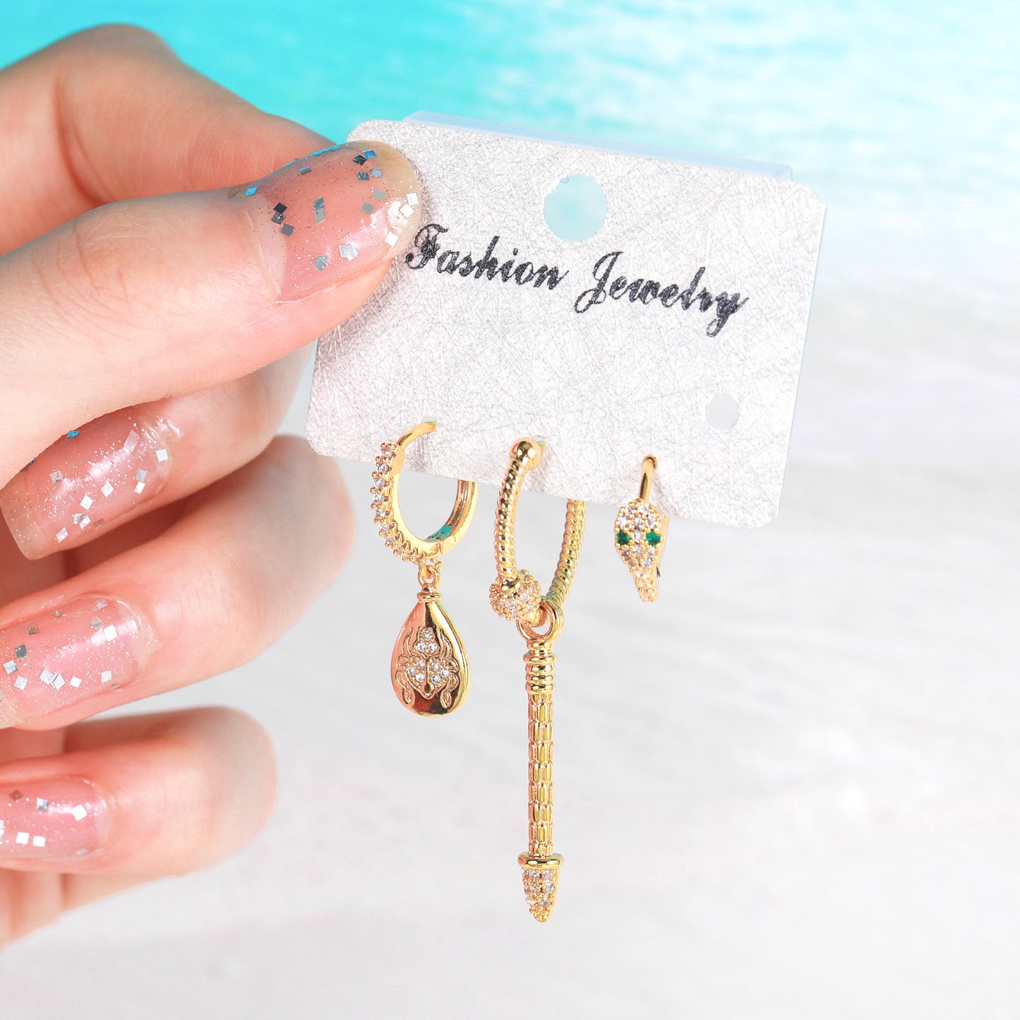 Stylish Fashion Trend Gold Zircon Three-piece Earrings