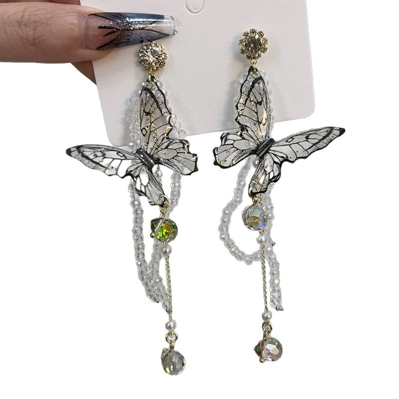 Exaggerated Butterfly Pearl Tassel Long Niche Temperament Earrings
