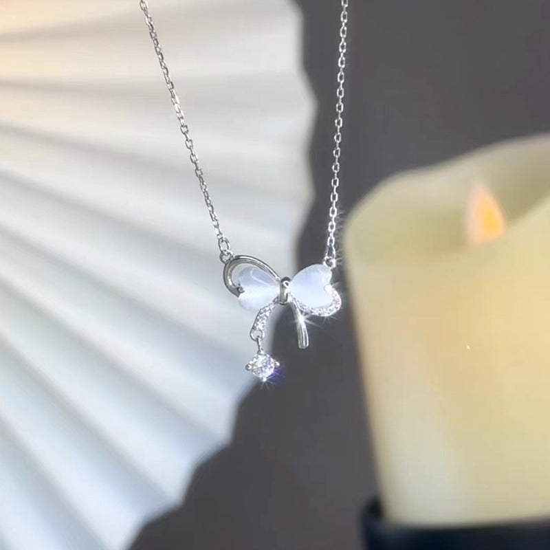 Opal Bow Tassel Female Style Design Heart Clavicle Necklace