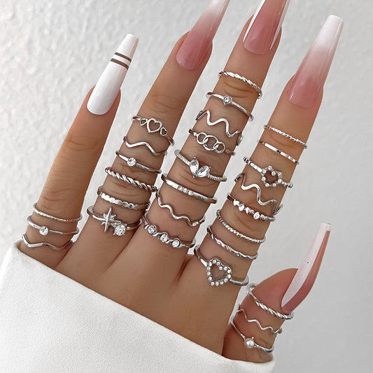 Simple Rhinestone Love Wave Set Golden Rings