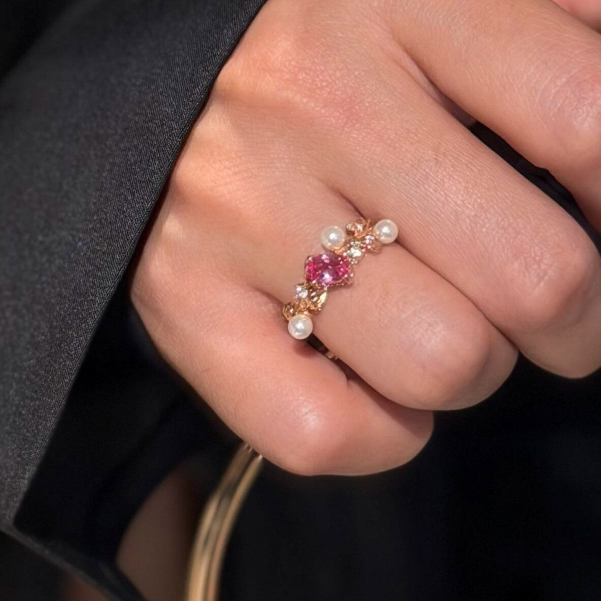 One Garland Rhinestone Champagne Gold Pearl Ring