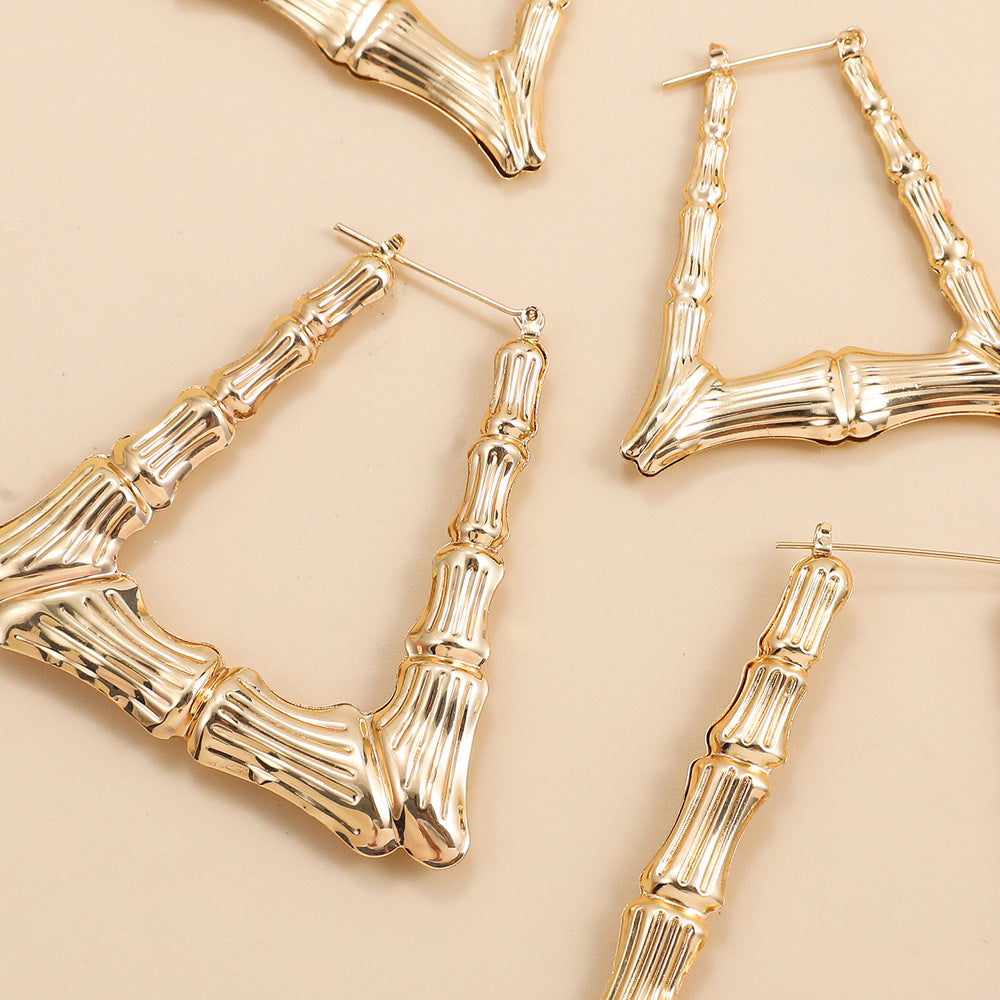 Gold Alloy Triangle Trapezoidal Hip Hop Exaggerated Oversized Bamboo Earrings