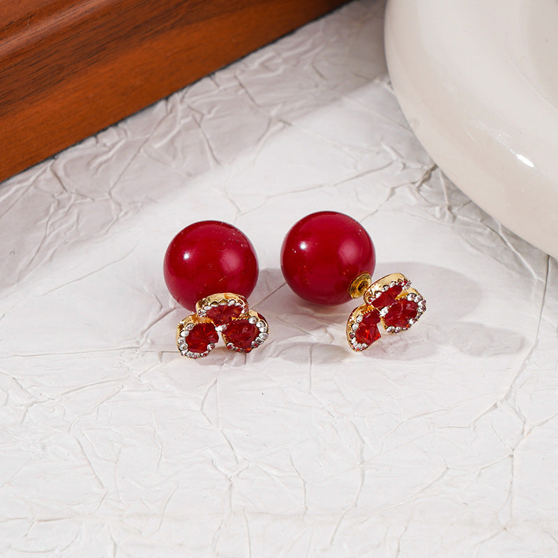 Women's Red Flower Beads Front Rear Ear Light Luxury Three-leaf High Stud Earrings