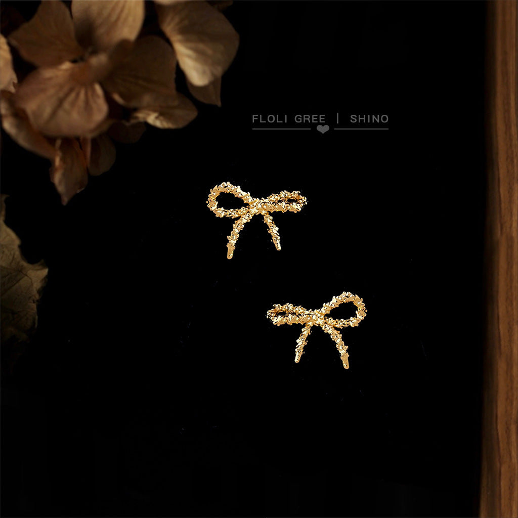 Fashion High Sense Simple Compact Sand Bow Sier Plated Pin Stud Earrings