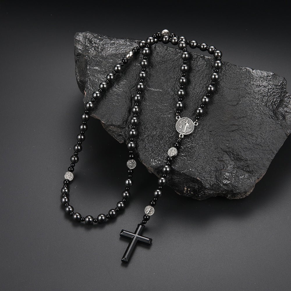 Men's Black Volcanic Rock Haematite Alloy Benedict Religious Necklaces