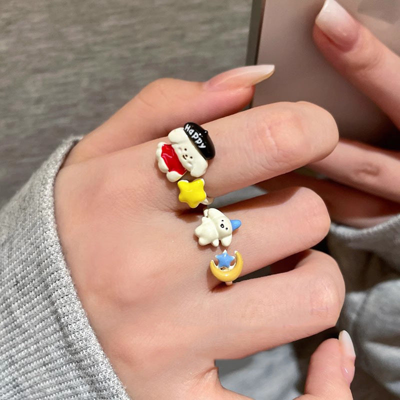 Cute Puppy Drip Glazed Female Niche Design Rings