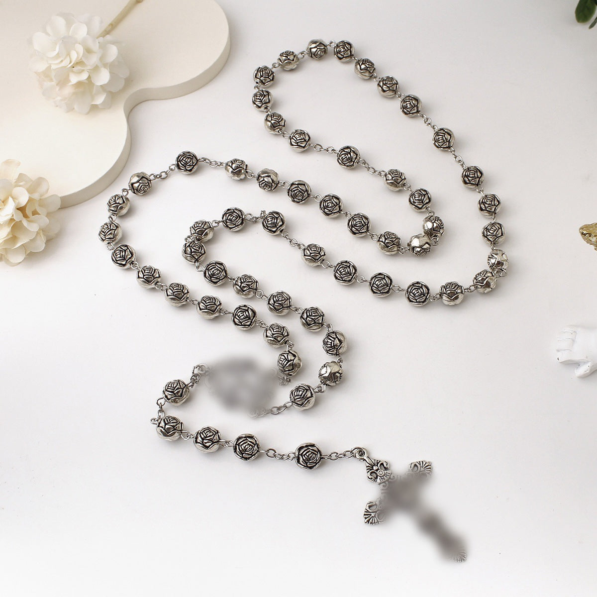 Vintage Rose Bead Cross Handmade Sweater Necklace