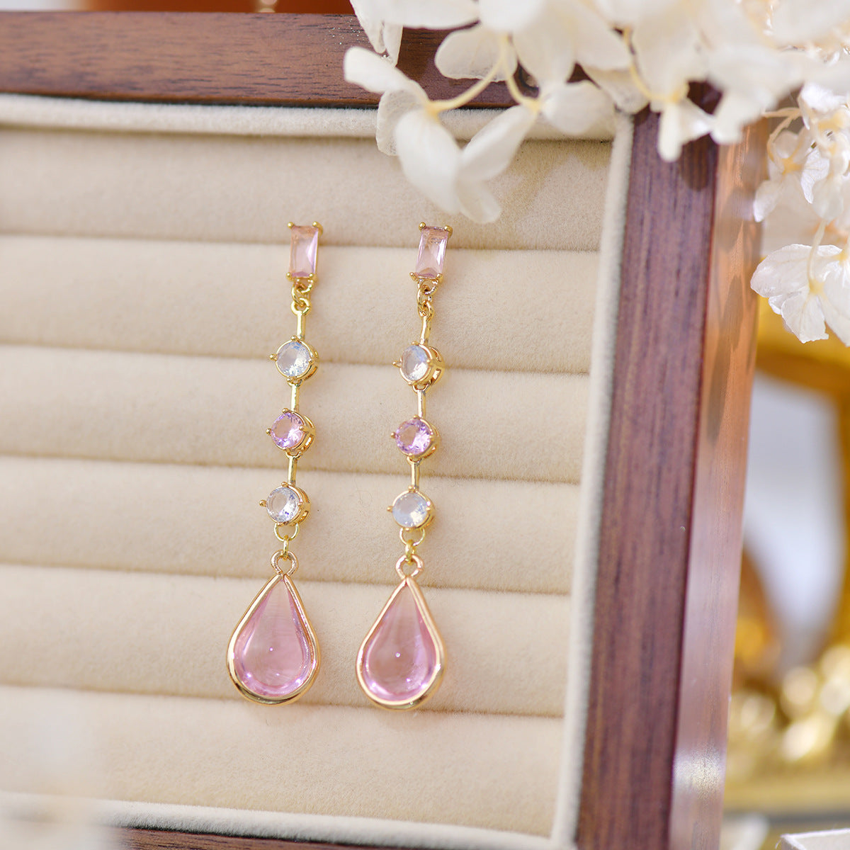 Pink Crystal Peach Blossom Tears Long Earrings