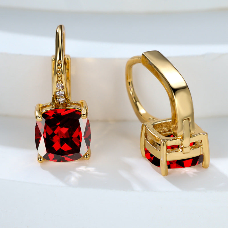Women's Square Zircon Inlaid Ear Hook Korean Fashion Style Stud Earrings