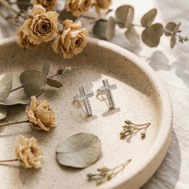 Simple Female Cross Inlaid Zirconium Temperament Earrings