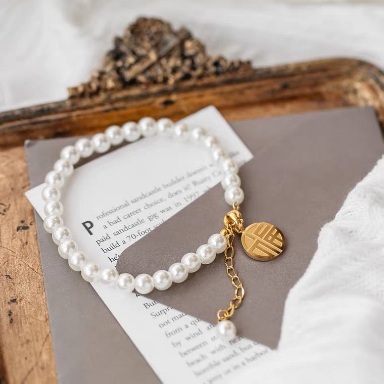 Titanium Steel Blessing Card Pearl Tassel Advanced Cold Bracelet